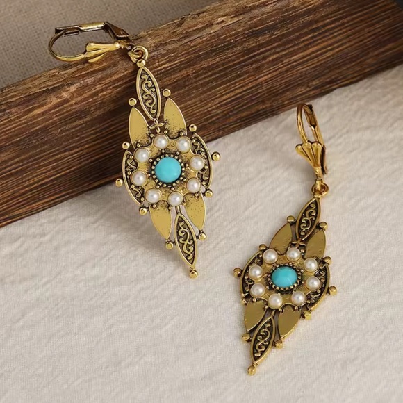 Victorian Gold Filigree Drop Earrings with Turquoise & Pearl Accents - Picture 2 of 6